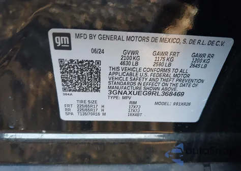 2024 Chevrolet Equinox Lt из США, поврежденный, VIN 3GNAXUEG9RL368469